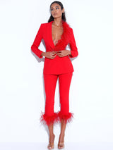 RED BLAZER SUIT WITH FEATHER TRIM