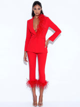 RED BLAZER SUIT WITH FEATHER TRIM