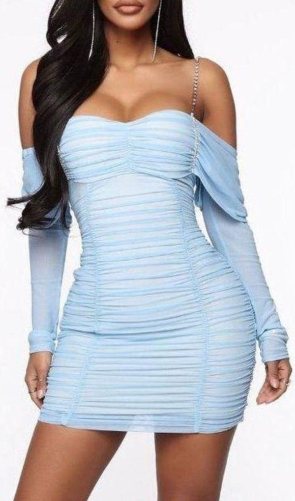 OFF SHOULDER MESH SKINNY MINI DRESS IN LIGHT BLUE