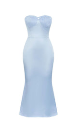 BANDEAU SATIN SLIT MIDI DRESS IN SKY BLUE