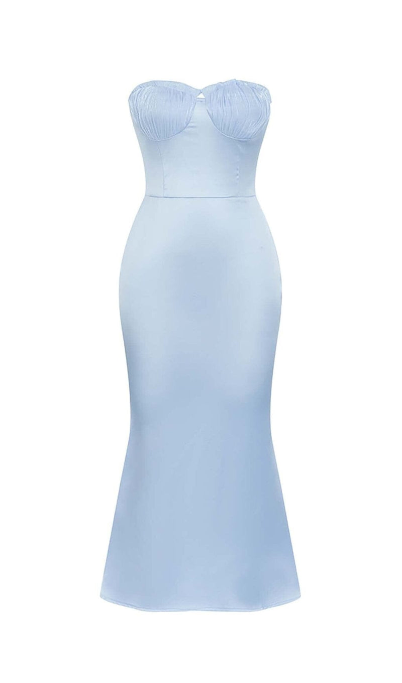 BANDEAU SATIN SLIT MIDI DRESS IN SKY BLUE