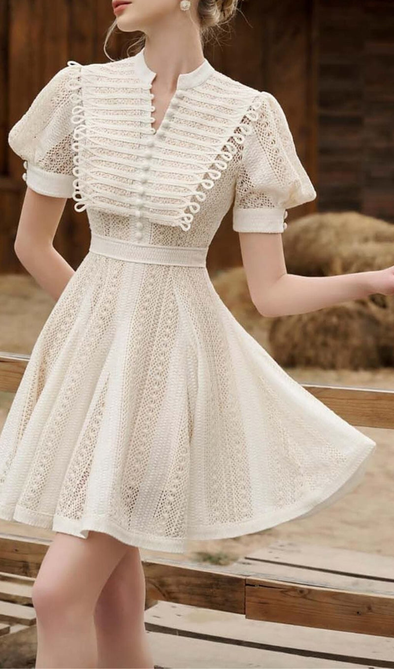 FLARED PUFFY SLEEVED LACE MINI DRESS IN WHITE