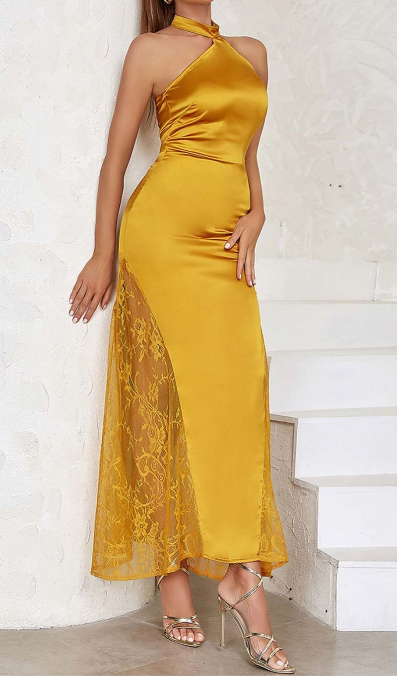 HALTER LACE SATIN MAXI DRESS IN MUSTARD