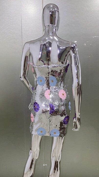 STRAPLESS FLORAL SEQUIN DRESS