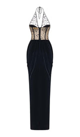 MESH VELVET MAXI DRESS IN BLACK