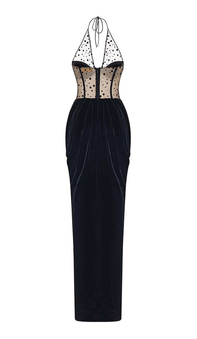 MESH VELVET MAXI DRESS IN BLACK