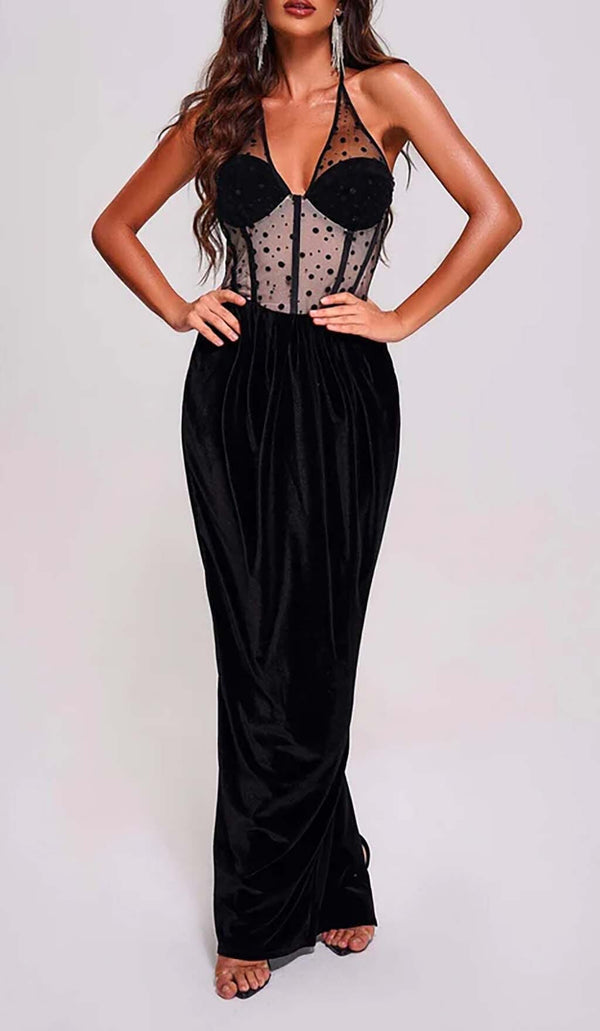 MESH VELVET MAXI DRESS IN BLACK