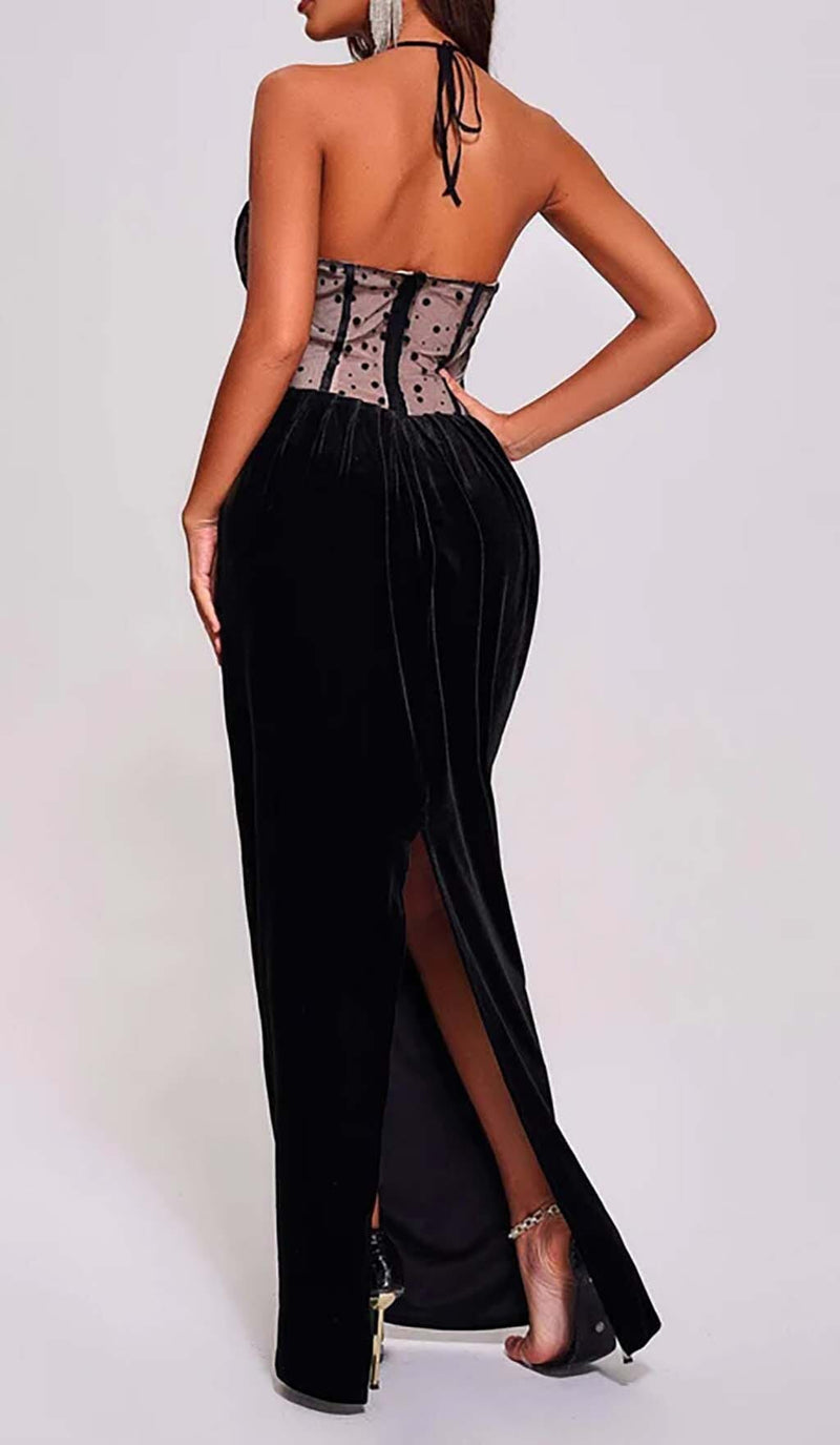 MESH VELVET MAXI DRESS IN BLACK