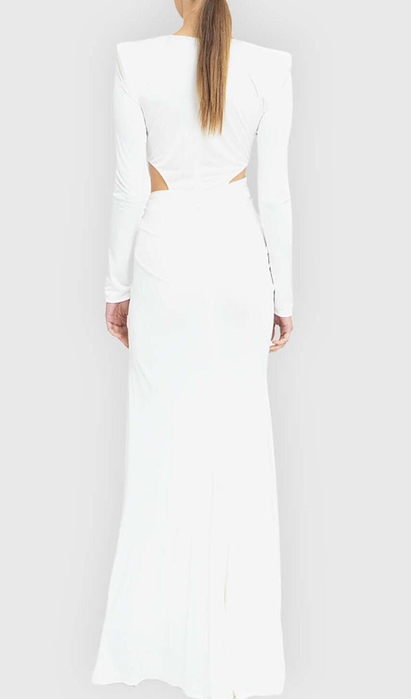 PHENIX BROOCH CUTOUT MAXI DRESS IN WHITE