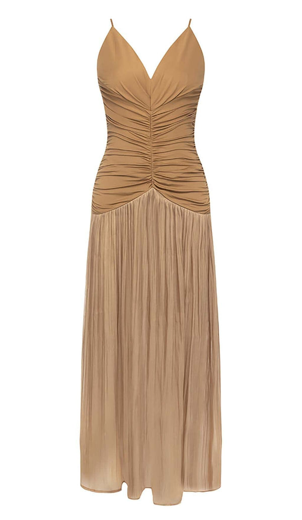 PLEATED STRAPPY MIDI DRESS IN BROWN
