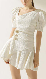 PUFFY SLEEVE BUTTON MINI DRESS IN WHITE