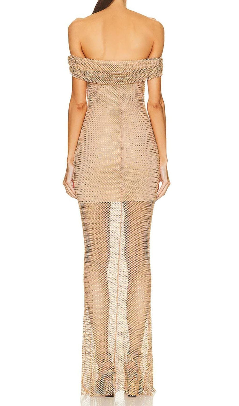 RHINESTONE OFF SHOULDER FISHNET MAXI DRESS IN BROWN