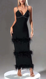 RHINESTONE TIERED FEATHER MIDI DRESS IN BLACK