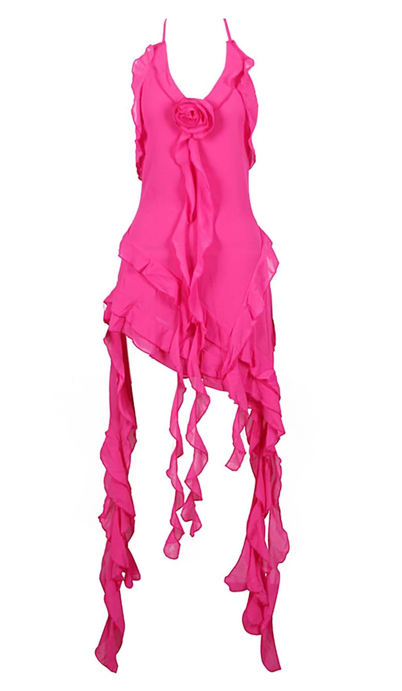 ROSE-EMBELLISHED RUFFLED MINI DRESS IN PINK