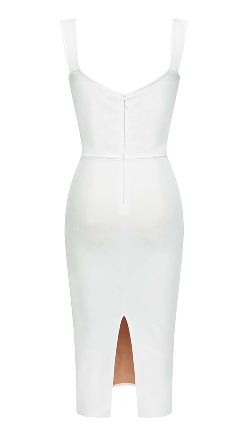 RUCHED BUSTIER MESH MIDI DRESS IN WHITE