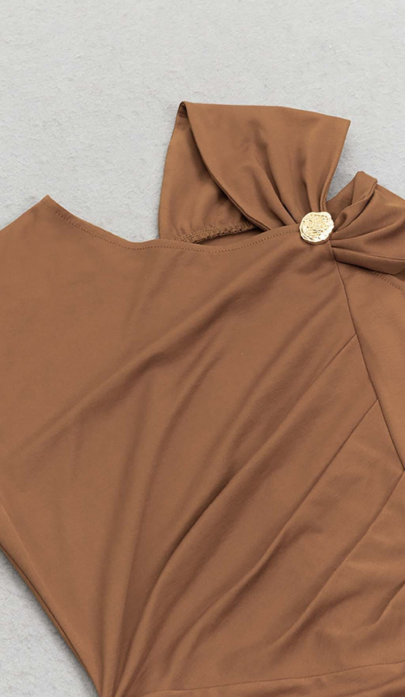 RUCHED SATIN MIDI DRESS IN BROWN