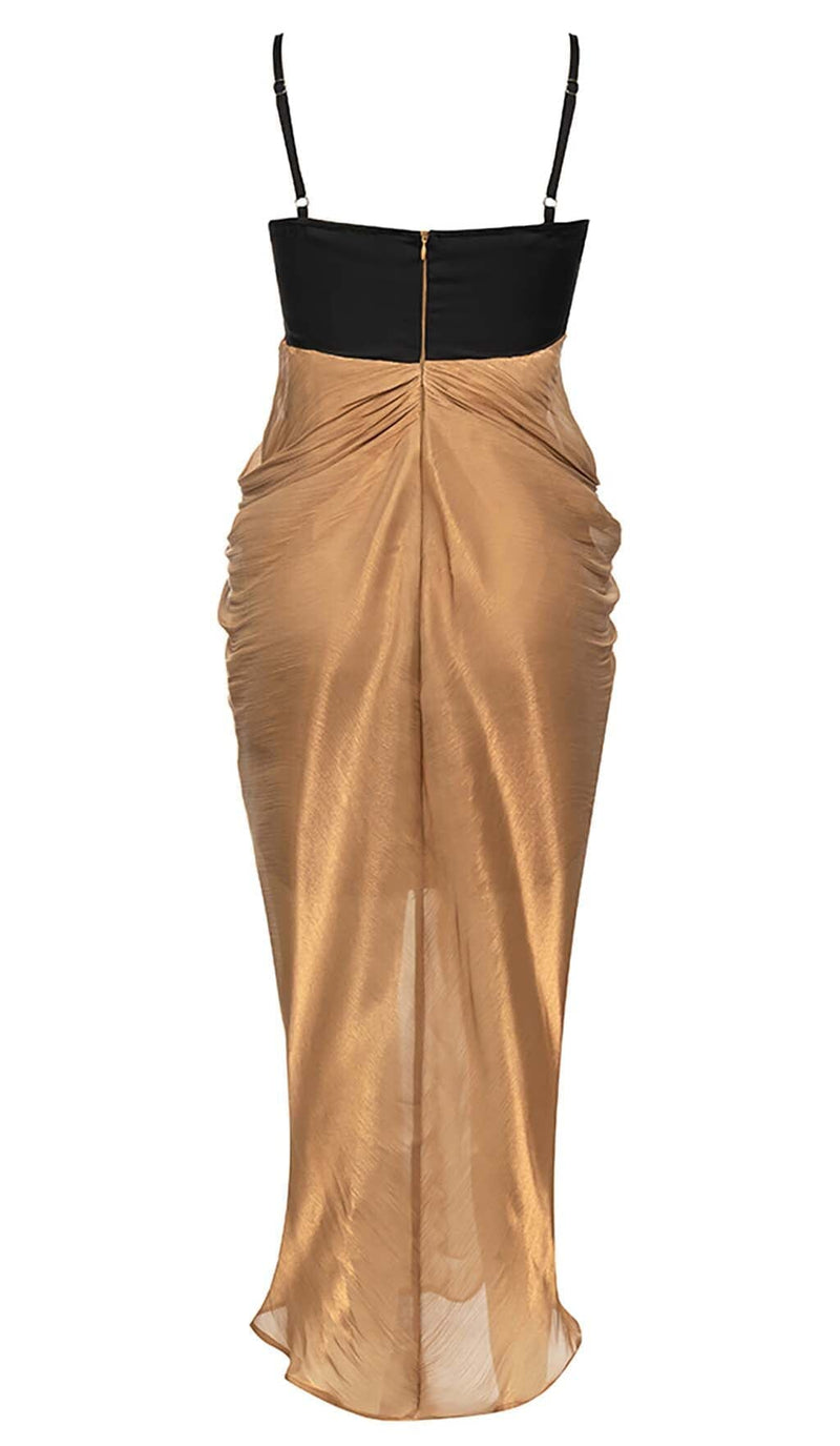 RUCHED STRAPPY MIDI DRESS IN BROWN