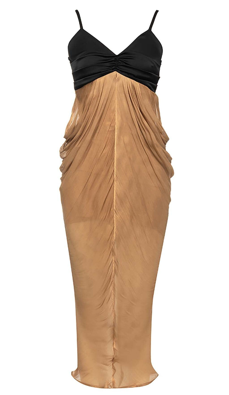 RUCHED STRAPPY MIDI DRESS IN BROWN