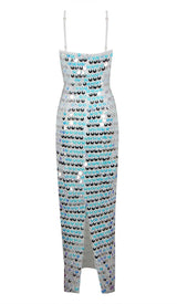 SEQUIN-EMBELLISHED SLEEVELESS MIDI DRESS IN BLUE